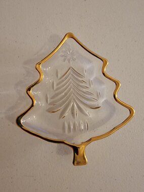 Vintage Mikasa Christmas Tree Candy Dish Gold Trim Frosted Glass Holiday Bowl